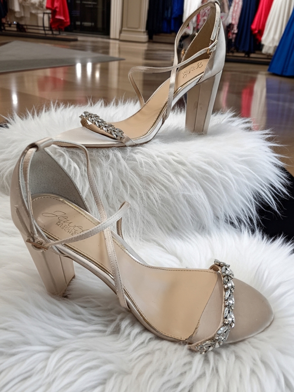Jewel Badgley Mischka Daphne Embellished Champagne Block Heel Sandals Rhinestone